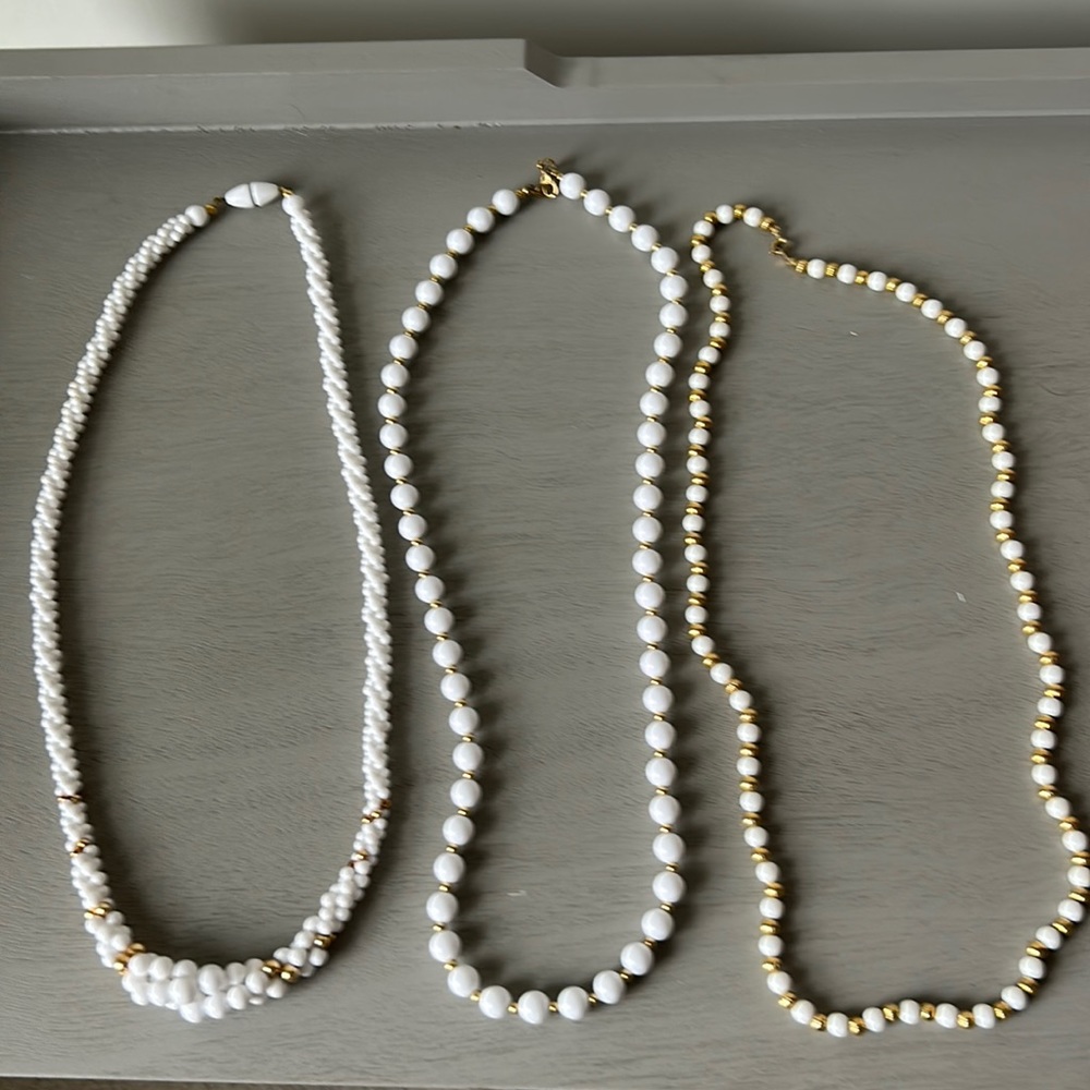 Vintage White and Goldtone Bead Necklaces (Set of 3)